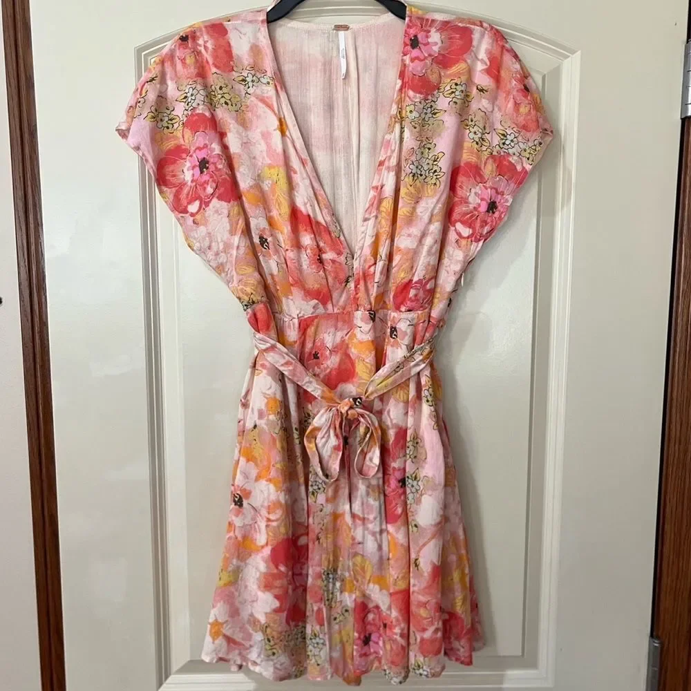 FREE PEOPLE Freddy Tie Waist Minidress Watercolor Floral Print Pink Women’s XS
